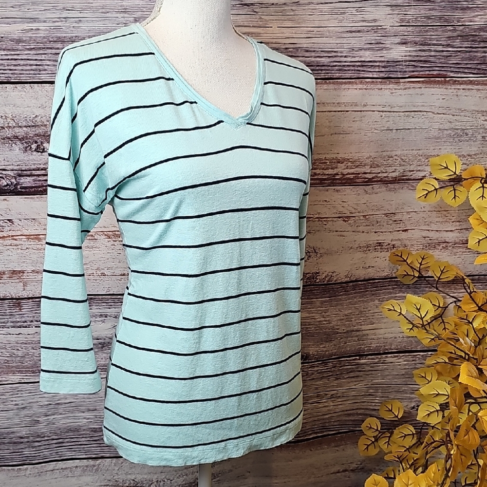 J. JILL MINT GREEN BLACK STRIPE V NECK 3/4 SLEEVE PULLOVER TEE